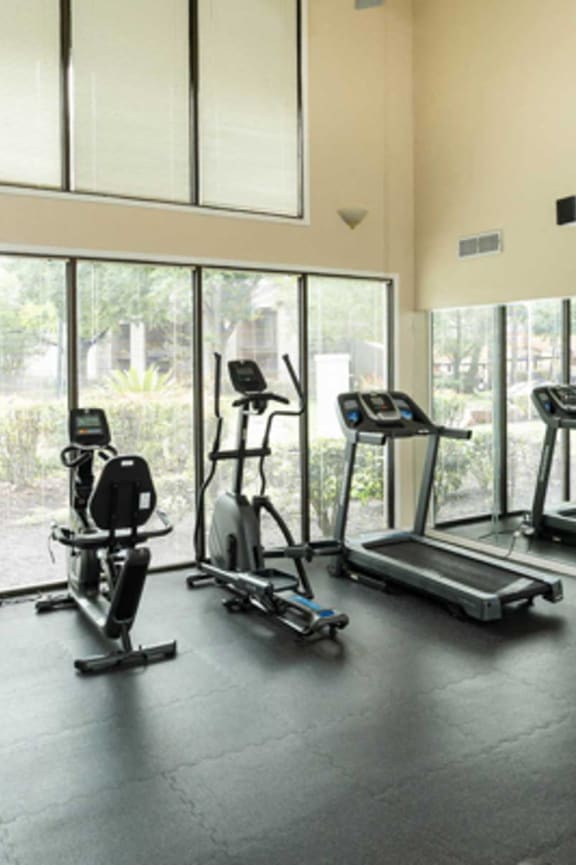 a gym with weights and cardio machines in it