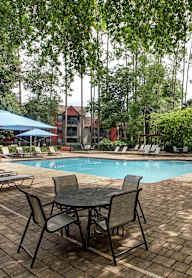 a swimming pool with chairs and umbrellas and trees