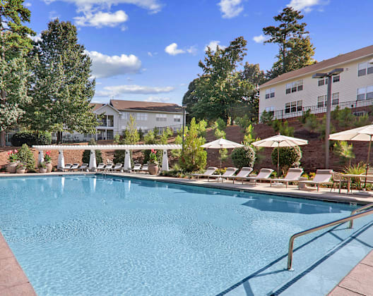 A large swimming pool surrounded by trees and umbrellas.