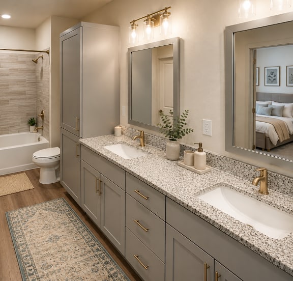 Modern B1 bathroom with oversized vanity and contemporary fixtures at The Westerly Apartments