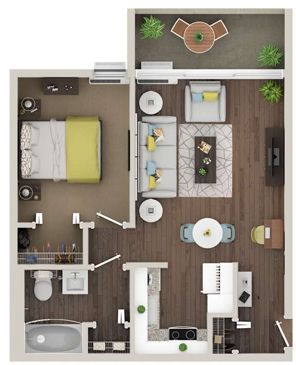 A 3D floor plan of a small apartment with a kitchen, living room, and bathroom.