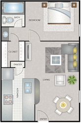 A floor plan of a house with a bedroom, living room, kitchen, and bathroom.