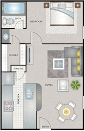 A floor plan of a house with a bedroom, living room, kitchen, and bathroom.