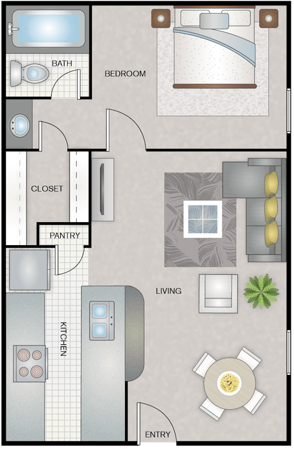 A floor plan of a house with a bedroom, living room, kitchen, and bathroom.