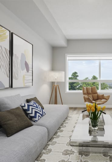 a living room with a gray couch and a coffee table