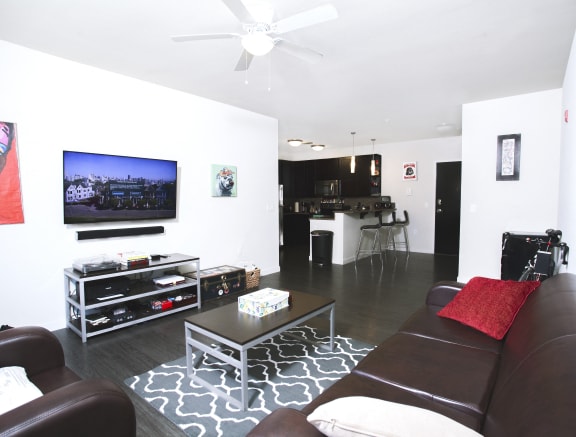 a living room with a leather couch and a television