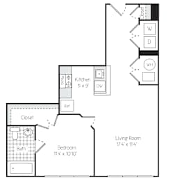 A floor plan for a Murray apartment with a living room, bedroom, kitchen, and closet.