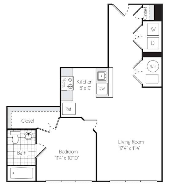 A floor plan for a Murray apartment with a living room, bedroom, kitchen, and closet.