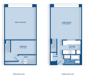 two plans of an open floor plan with a bedroom and a living room