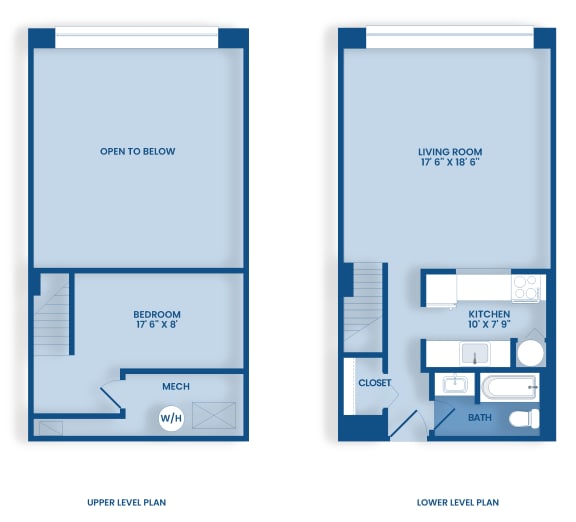 two plans of an open floor plan with a bedroom and a living room