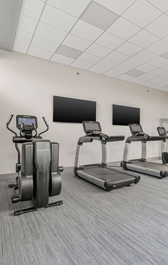 A gym with treadmills, elliptical machines, and a weight bench.