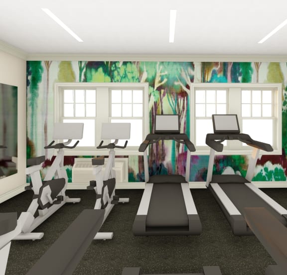 a rendering of a gym with cardio machines and a wall mural