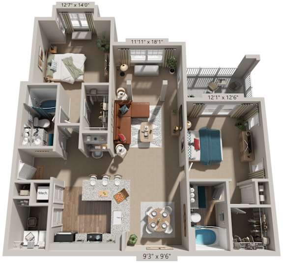 2 Bed 2 Bath Floor Plan | 1,363 Sq. Ft. at Lullwater at Big Ridge, Hixson, Tennessee