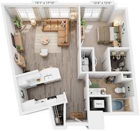 Rowen Floorplan | 910 Sq. Ft. at Flats at West Broad Village, Virginia