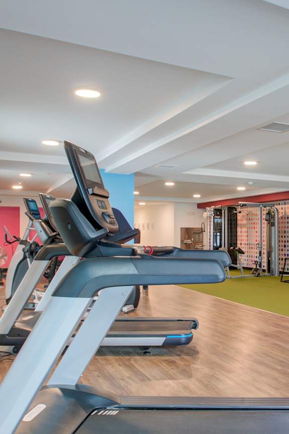 A gym with treadmills and exercise equipment.