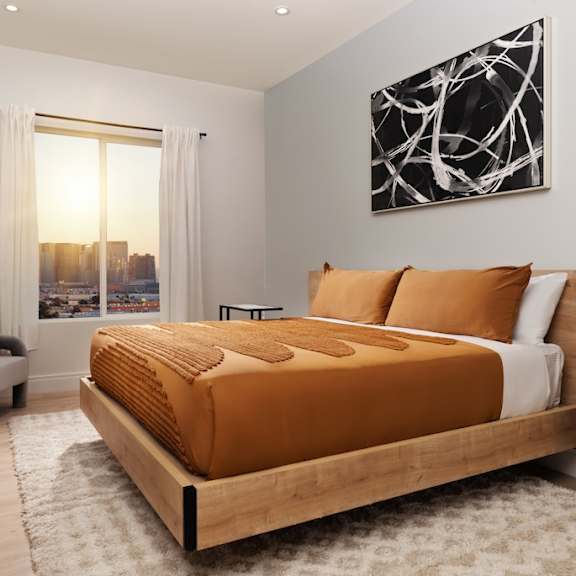 Otonomus Bedroom with Queen Size Wooden Bed overlooking Las Vegas Strip