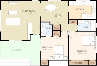 A floor plan of a 1280 square foot unit with a living room, dining room, kitchen, bathroom, and bedrooms.