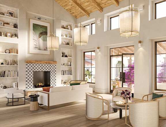 A modern living room with a fireplace and a large painting on the wall.