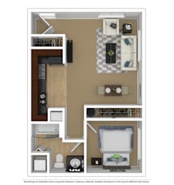 A floor plan of a small apartment with a kitchen, living room, and bedroom.