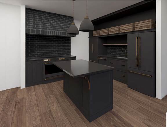 A modern kitchen with dark wood cabinets and a black countertop.