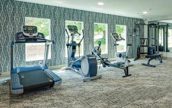 A gym with a variety of equipment including treadmills, stationary bikes, and weight machines.