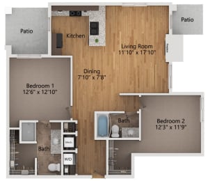 Floor Plan  a floor plan of a two bedroom apartment with two bathrooms and a living room with a kitchen