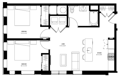 2 bed 1 bath floor plan C at Glassworks, Philadelphia, PA, 19122