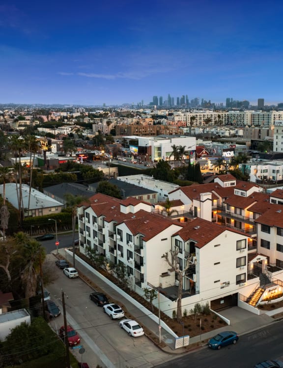 an aerial view of the city