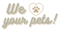 A graphic with the text "We love your pets!" and a paw print symbol.