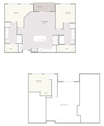 A floor plan of a house with a living room, dining room, kitchen, and two bathrooms.