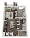 A 3D floor plan of a small apartment with a kitchen, living room, and bathroom.
