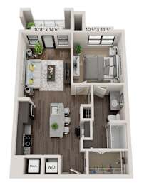 A 3D floor plan of a small apartment with a kitchen, living room, and bathroom.