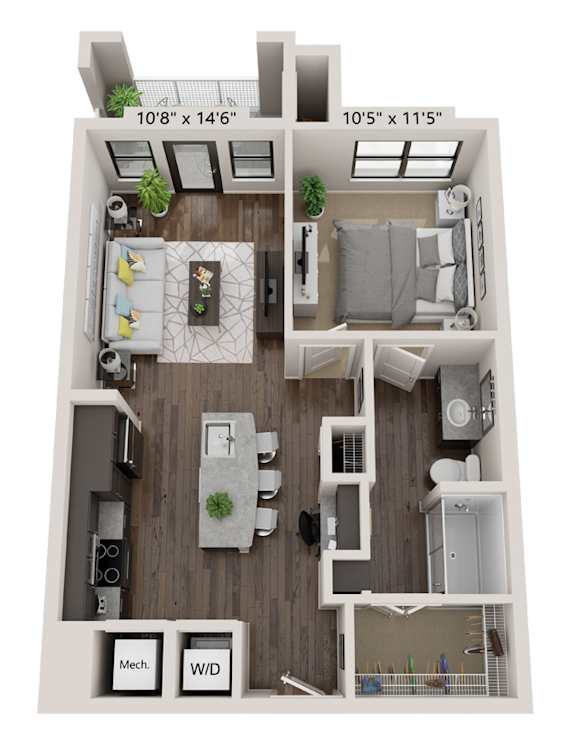A 3D floor plan of a small apartment with a kitchen, living room, and bathroom.
