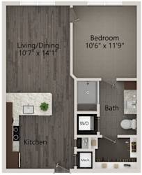 A floor plan of a small apartment with a living/dining area, kitchen, bathroom, and bedroom.