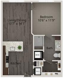 A floor plan of a small apartment with a living/dining area, kitchen, bathroom, and bedroom.