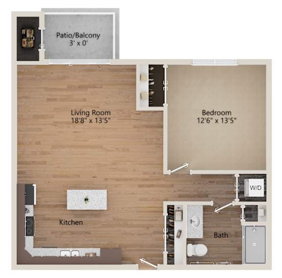 A floor plan of a small apartment with a living room, bedroom, kitchen, and bathroom.