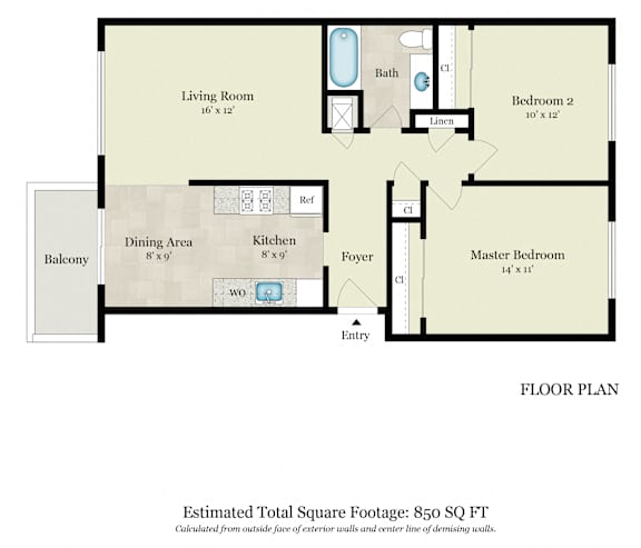 A floor plan of a house with a total estimated square footage of 905.