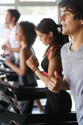 a group of people running on a treadmill at a gym