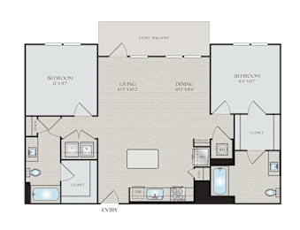 A floor plan of a house with a living room, dining room, kitchen, and bathrooms.