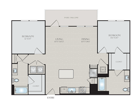 A floor plan of a house with a living room, dining room, kitchen, and bathrooms.