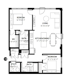 A floor plan for a Kingston Suited apartment shows a living area, a kitchen/dining area, and two bedrooms.