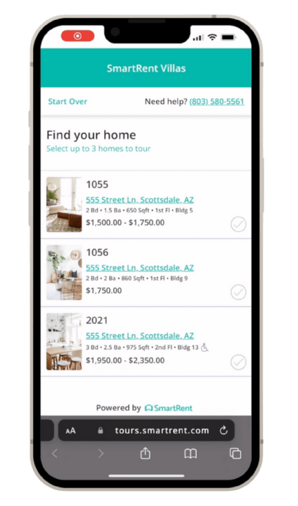 A mobile screen displays three property listings with their respective prices per month, addresses, and some additional details.