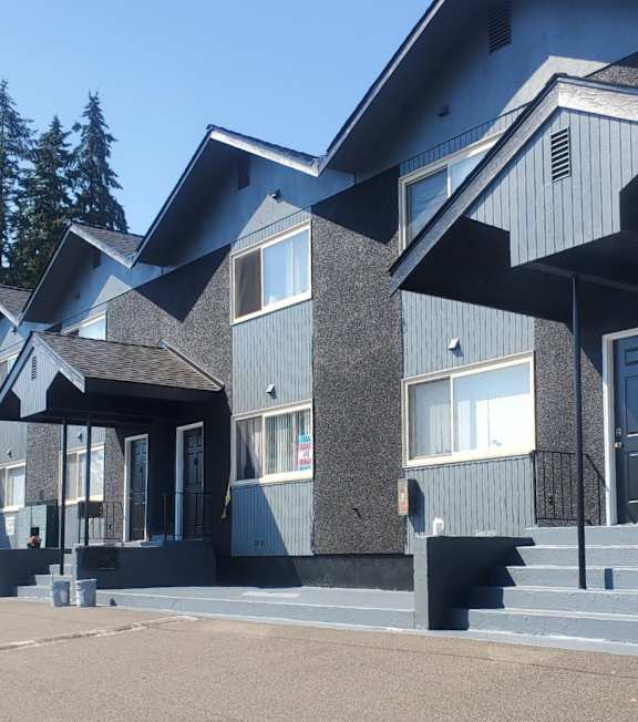 A row of houses with grey roofs and dark grey walls.