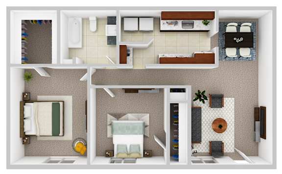 A floor plan of a house with a kitchen, living room, and bathroom.