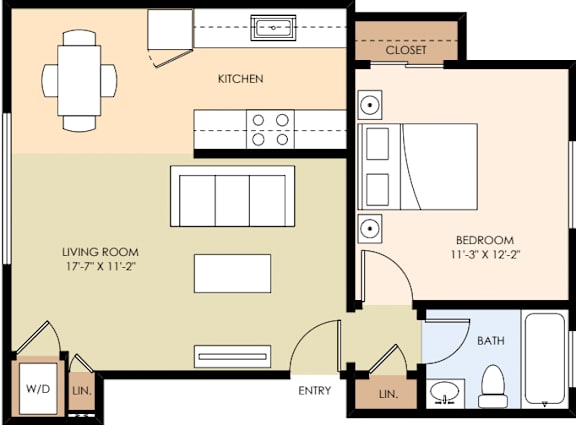 A floor plan of a property with a kitchen, living room, and two bedrooms.