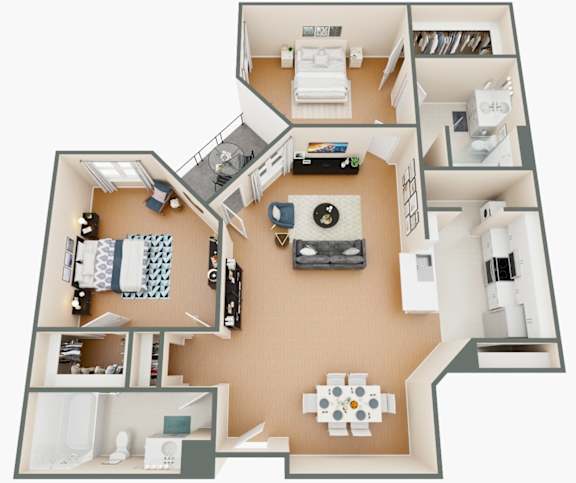 A top-down view of a house layout with a kitchen, living room, and two bedrooms.