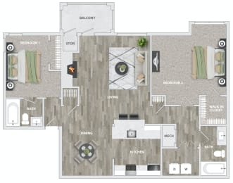 a floor plan of a 3 bedroom apartment at Brampton Moors, Cary, NC, 27513