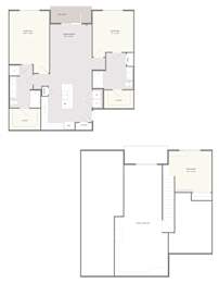 A floor plan of a house with two bedrooms, a living room, a kitchen, and a bathroom.