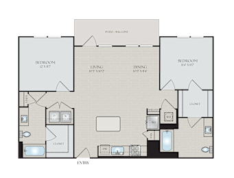 A floor plan of a house with a living room, dining room, kitchen, and bathrooms.