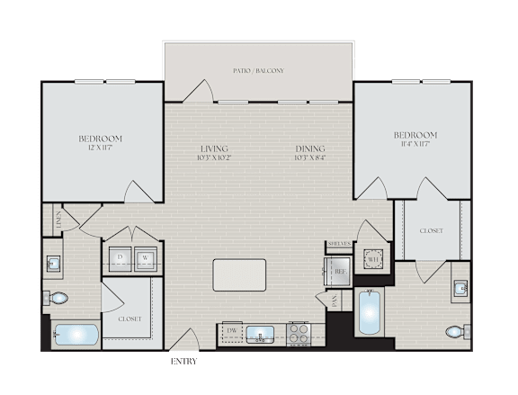A floor plan of a house with a living room, dining room, kitchen, and bathrooms.